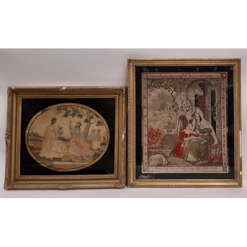 715 - Two 19th century needleworks to include: silk embroidery depicting Jesus and the Samaritan woman at ... 