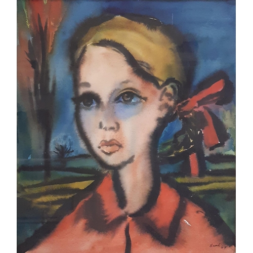 716 - Mid 20th Century School - Half-portrait of a child with landscape behind, watercolour and ink on pap... 