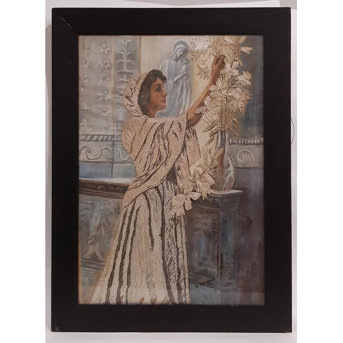 M. Thomas (19th century) - Girl holding flowers,  embroidery over watercolour on paper, signed lower right, 65 x 87 cm (including frame) glazed and framed