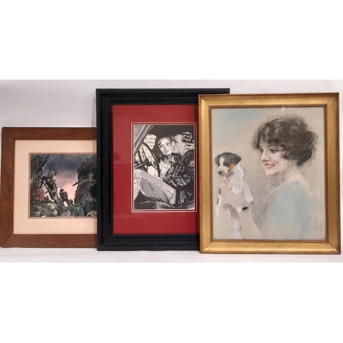 730 - Three framed 20th century artworks to include: Peter Andrews (local artist) - WWII illustration in w... 