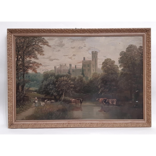 771 - Late 19th century landscape of Haddon Hall with a woman and cattle in the foreground, indistinctly s... 