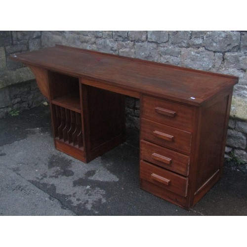 1143 - A teak kneehole twin pedestal desk partially fitted with four drawers and open segmented shelves (on... 