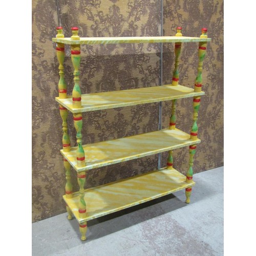 1251 - An four tier freestanding what not with rectangular shelves raised on turned supports with painted f... 