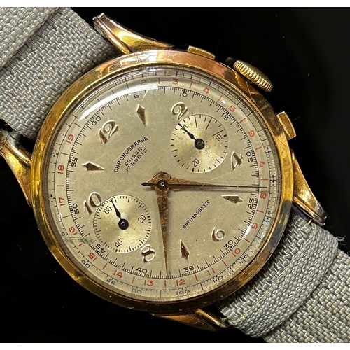 495 - Chronograph Suisse, a gentleman's 18ct yellow gold cased wristwatch, silvered dial with gold numeral... 