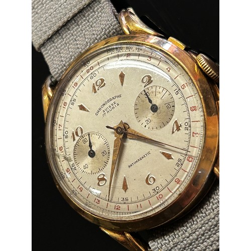 495 - Chronograph Suisse, a gentleman's 18ct yellow gold cased wristwatch, silvered dial with gold numeral... 