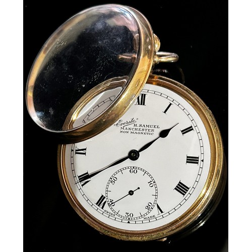 498 - A 9ct yellow gold cased font / pocket watch, the white enamelled dial marked 'Everite, H. Samuel Man... 