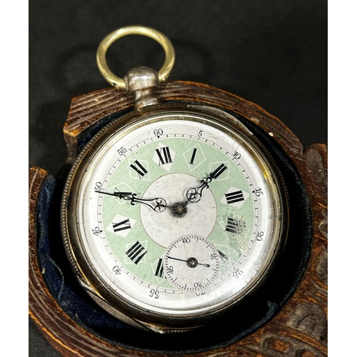 517 - Early 20th century travelling clock in engraved circular case and Morocco leather case, with enamell... 