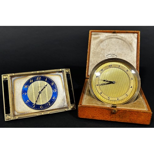 520 - Art deco mantle clock, the slim case enclosing a blue enamel dial with 8 day striking movement, toge... 