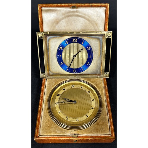 520 - Art deco mantle clock, the slim case enclosing a blue enamel dial with 8 day striking movement, toge... 