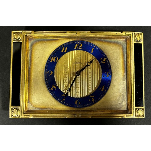 520 - Art deco mantle clock, the slim case enclosing a blue enamel dial with 8 day striking movement, toge... 