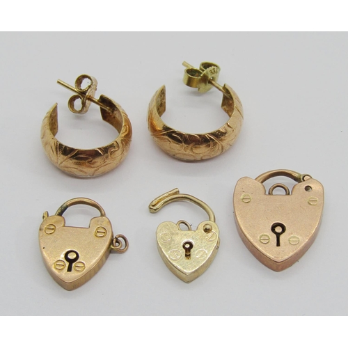 314 - Group of 9ct jewellery comprising three padlock clasps (all af) and a pair of hoop stud earrings, 6g... 