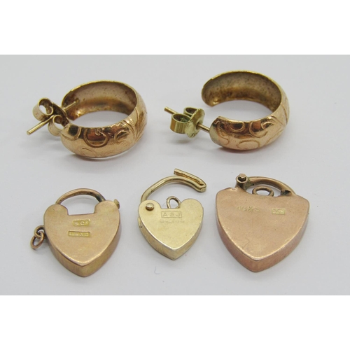 314 - Group of 9ct jewellery comprising three padlock clasps (all af) and a pair of hoop stud earrings, 6g... 