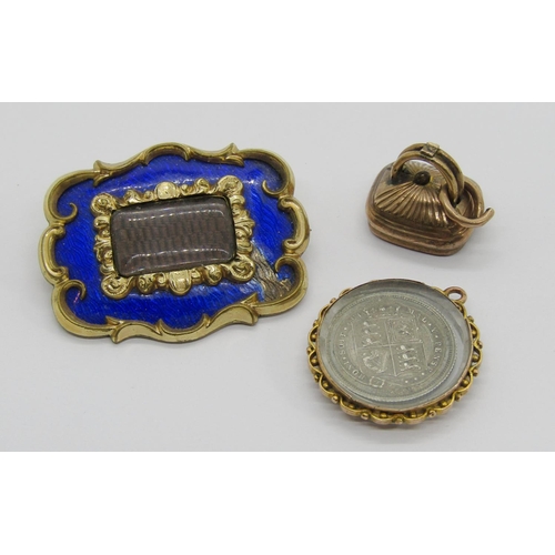 317 - Group of antique yellow metal jewellery comprising a 19th century mourning brooch with cobalt blue e... 