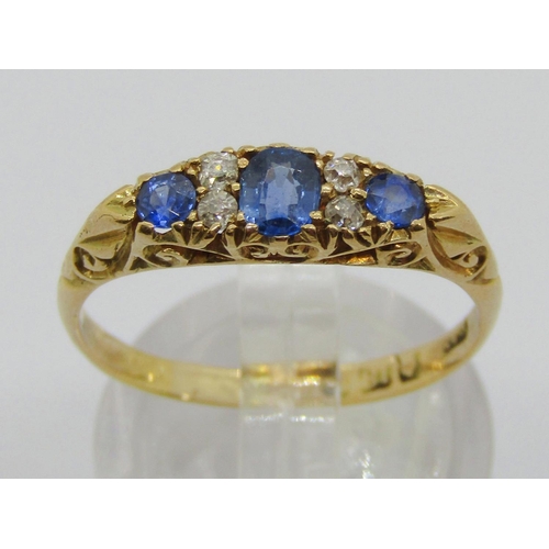 326 - Antique 18ct sapphire and diamond ring, marks worn, size Q/R, 2.9g