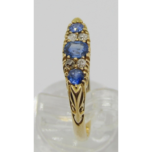 326 - Antique 18ct sapphire and diamond ring, marks worn, size Q/R, 2.9g