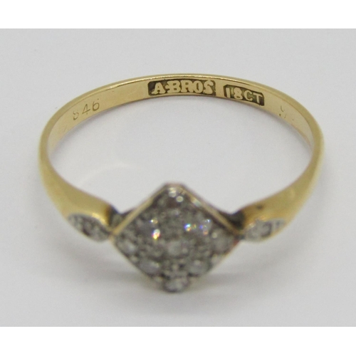 328 - Art Deco 18ct diamond panel ring, maker 'A.Bros', size N, 1.6g