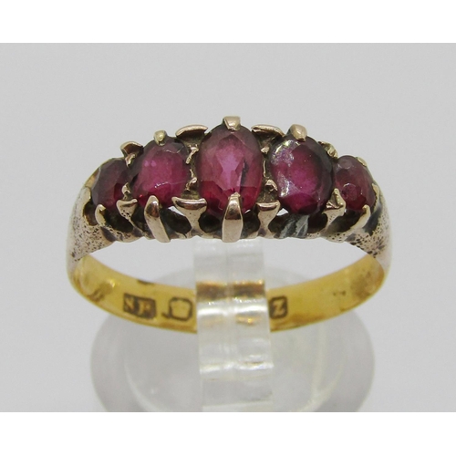 329 - Five stone garnet ring, size R, 3g (shank refashioned from a 22ct wedding ring)