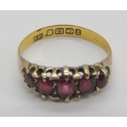 329 - Five stone garnet ring, size R, 3g (shank refashioned from a 22ct wedding ring)