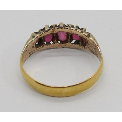 329 - Five stone garnet ring, size R, 3g (shank refashioned from a 22ct wedding ring)