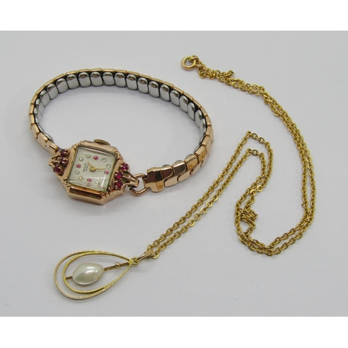 332 - 9ct blister pearl pendant necklace, 3.8g and a vintage Chalet 14k ladies dress watch set with rubies... 