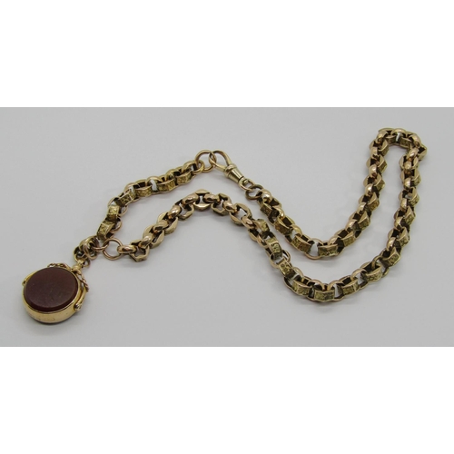 342 - Victorian 9ct fancy belcher link chain with attached 1920s 9ct bloodstone / carnelian swivel fob, ch... 