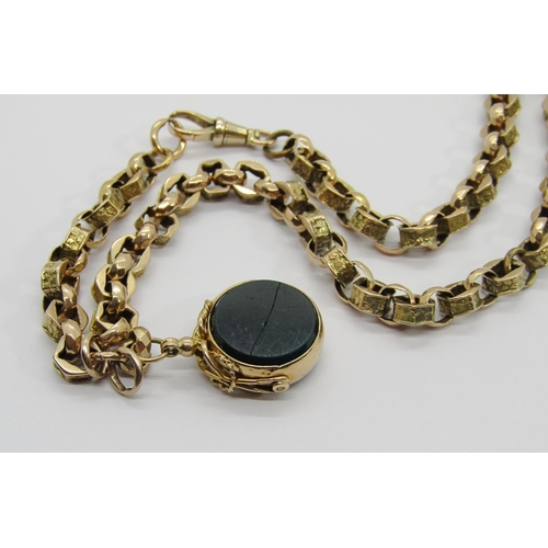 342 - Victorian 9ct fancy belcher link chain with attached 1920s 9ct bloodstone / carnelian swivel fob, ch... 