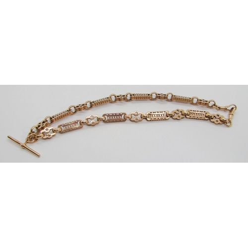 343 - 9ct fancy link Albert chain with pierced decoration, clasp and T-bar stamped maker 'SJ Ltd', Sheffie... 