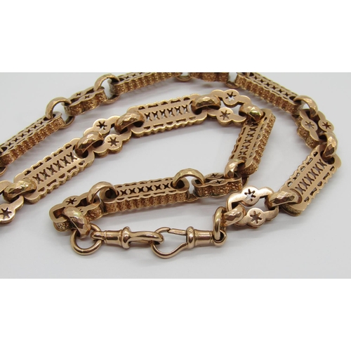 343 - 9ct fancy link Albert chain with pierced decoration, clasp and T-bar stamped maker 'SJ Ltd', Sheffie... 