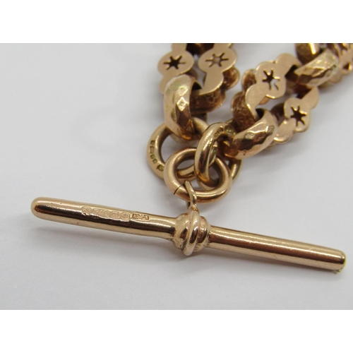 343 - 9ct fancy link Albert chain with pierced decoration, clasp and T-bar stamped maker 'SJ Ltd', Sheffie... 