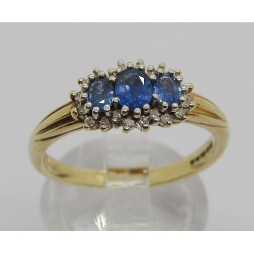 380 - 9ct sapphire and diamond cluster dress ring, Birmingham 1998, size R, 3.3g