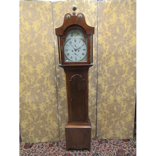 1424 - Regency mahogany Guernsey longcase clock with arched and painted dial, subsidiary calendar and secon... 