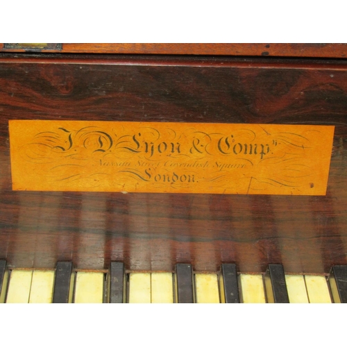 1338 - Early 19th century rosewood square piano, raised on four turned and fluted supports, single peddle a... 