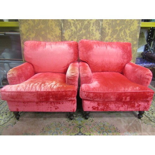 1437 - A pair of good quality but traditional style upholstered armchairs and matching stools on turned sup... 