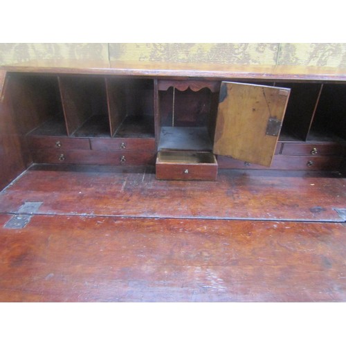 1444 - Georgian yew bureau of four long graduated drawers on bracket supports, the fall flap enclosing a fi... 