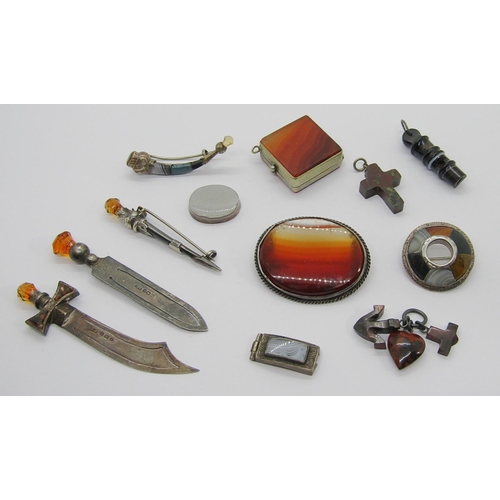 409 - Collection of antique Scottish agate jewellery, to include two silver bookmarks with gem set termina... 