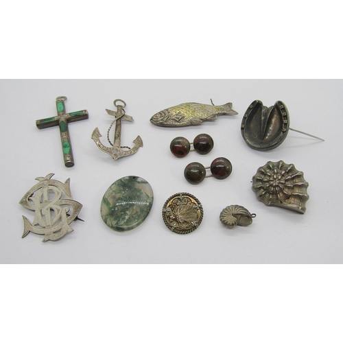 414 - Mixed collection of mainly Victorian white metal jewellery, to include a malachite cross pendant wit... 