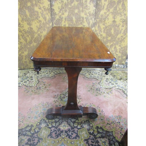 1445 - Regency rosewood centre table of rectangular form raised on scrolled supports with central rail, 71c... 