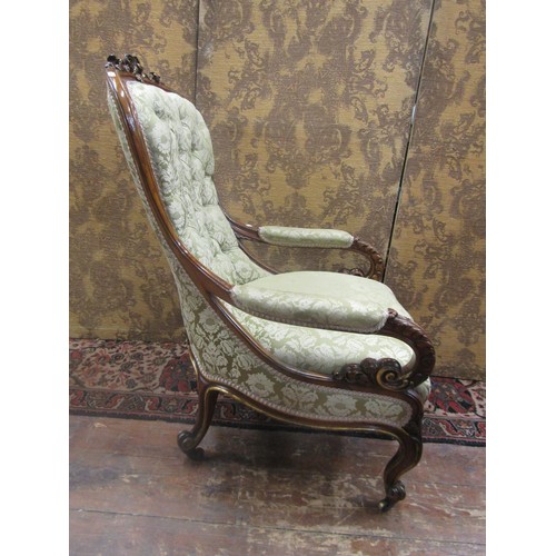 1449 - Victorian drawing room chair with carved show wood frame, acanthus detail, scrolled toes and upholst... 