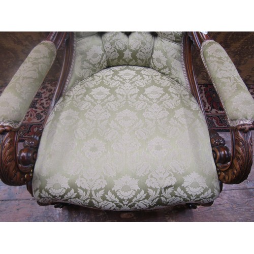 1449 - Victorian drawing room chair with carved show wood frame, acanthus detail, scrolled toes and upholst... 