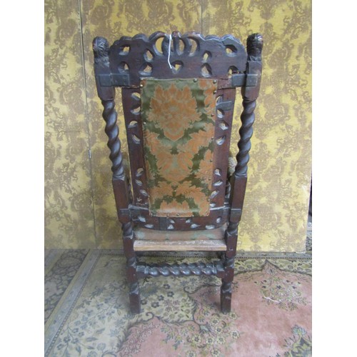 1451 - Carolean carved walnut elbow chair with pierced cresting rail and later upholstered panel