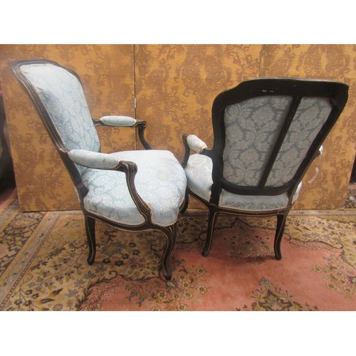 1452 - Pair of 19th century French open arm elbow chairs with carved and moulded frames, upholstered seat a... 