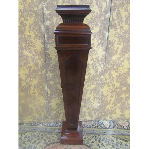 1453 - Edwardian mahogany torchere of square tapering form and applied with carved detail set on a stepped ... 