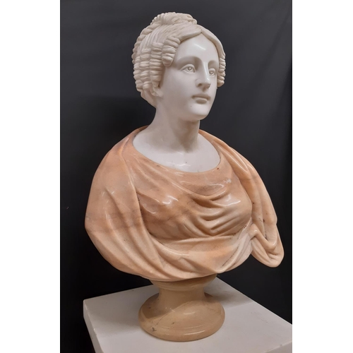 1443 - A carved marble bust of a Victorian female, her hair in ringlets, principally in Carrara marble, rai... 