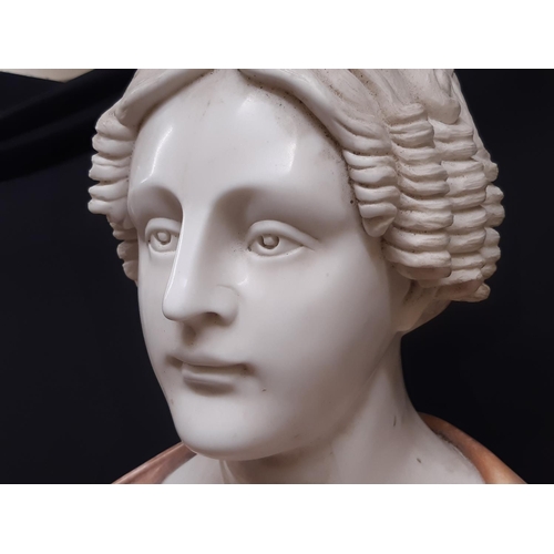 1443 - A carved marble bust of a Victorian female, her hair in ringlets, principally in Carrara marble, rai... 