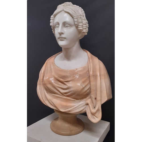 1443 - A carved marble bust of a Victorian female, her hair in ringlets, principally in Carrara marble, rai... 