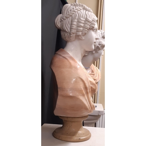 1443 - A carved marble bust of a Victorian female, her hair in ringlets, principally in Carrara marble, rai... 