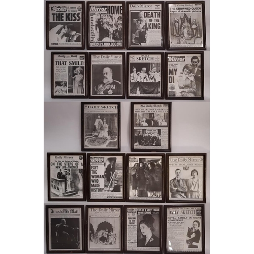 739 - Eighteen framed 20th century newspaper covers to include: Evening Standard, Daily Mirror, Daily Sket... 