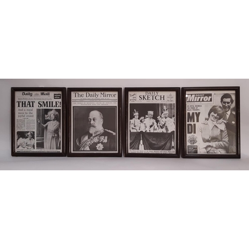 739 - Eighteen framed 20th century newspaper covers to include: Evening Standard, Daily Mirror, Daily Sket... 