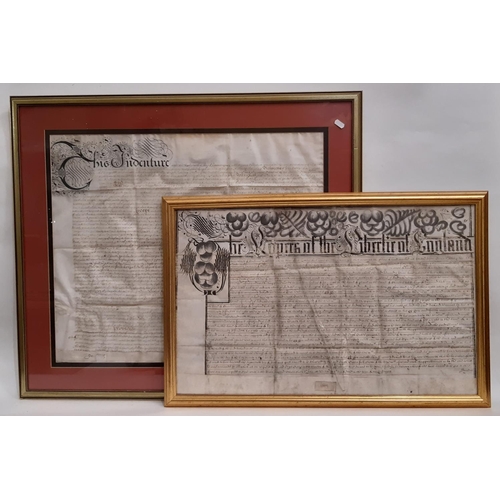 746 - Two 17th century indenture manuscripts, hand written with ornately decorated headings, ink on vellum... 