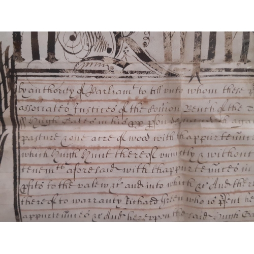 746 - Two 17th century indenture manuscripts, hand written with ornately decorated headings, ink on vellum... 